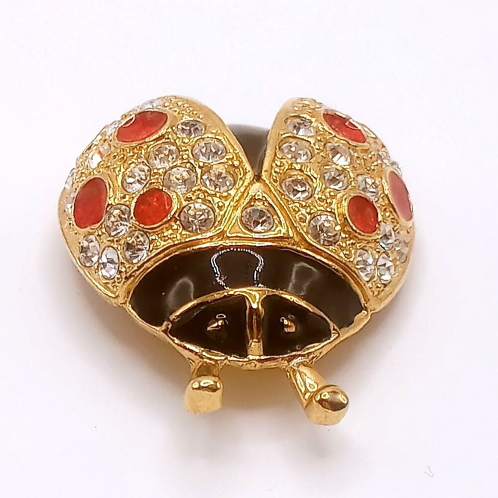 Roman Ladybug Brooch Gold Tone Black Red Enamel White Rhinestone Lapel Pin VTG